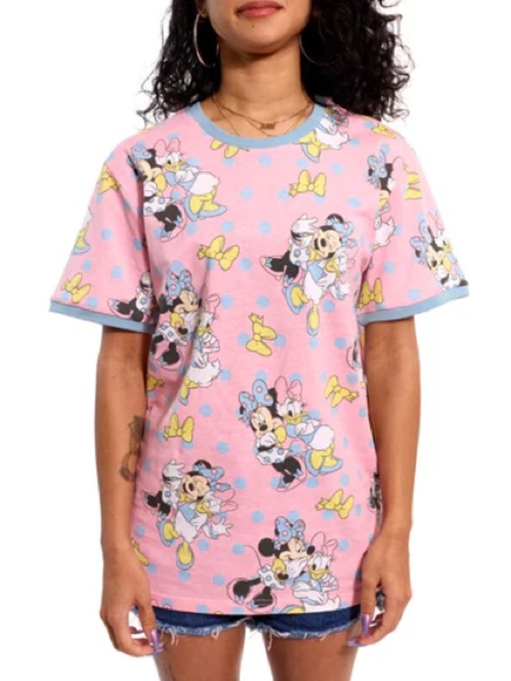 Loungefly Pink Minnie & Daisy Allover Short Sleeve Tee with Blue Trim